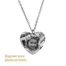 Heart Plate 1 Side Photo + 1 Side Text Engraving Personalized Photo and Message Pendant Chain Necklace 18.5 in + 2.5 in