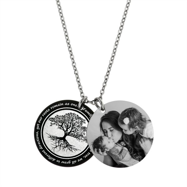 Double Round Plates Family Tree Photo Engraving Personalized Pendant Chain Necklace 18.5 in + 2.5 in