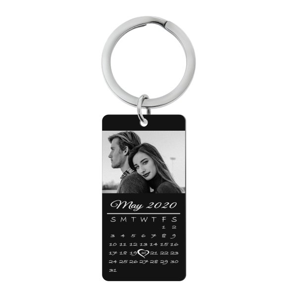 Queenberry Custom Engraved Personalized Calendar Date + Photo Engraved Personalized Calendar Date Dog Tag Keychain