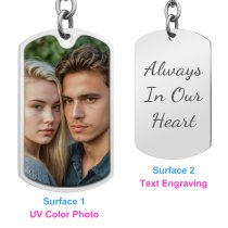 Full Color Uv Coated Photo Printing + Laser Engraved Personalized Message Engraving Stainless Steel Custom Dog Tag Key Chain - Handmade- Silver