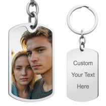 Full Color Uv Coated Photo Printing + Laser Engraved Personalized Message Engraving Stainless Steel Custom Dog Tag Key Chain - Handmade- Silver