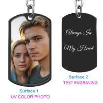 Full Color Photo Printing + Personalized Text Engraving Stainless Steel Custom Dog Tag Key Chain - Handmade- Black