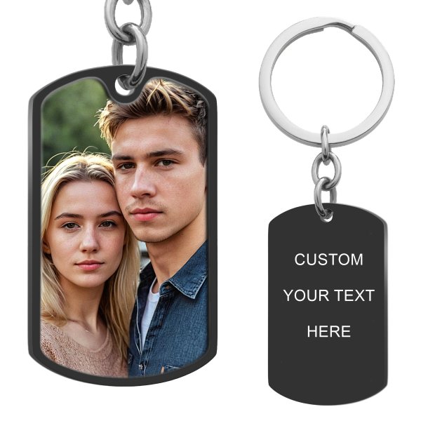 Full Color Photo Printing + Personalized Text Engraving Stainless Steel Custom Dog Tag Key Chain - Handmade- Black