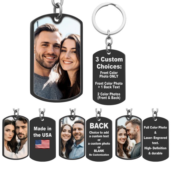 Full Color Photo Printing + Personalized Text Engraving Stainless Steel Custom Dog Tag Key Chain - Handmade- Black