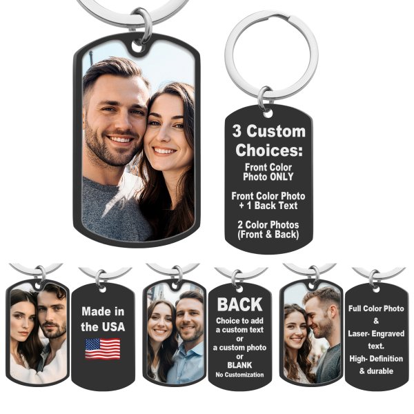 Full Color Photo Printing + Laser Engraved Personalized Message Stainless Steel Custom Dog Tag Key Chain - Handmade- Black