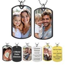 Full Color Photo Printing + Laser Engraved Personalized Message Stainless Steel Custom Dog Tag w/ Dot Ball Chain Necklace 24″ Ss - Handmade