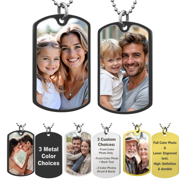 Full Color Photo Printing + Laser Engraved Personalized Message Stainless Steel Custom Dog Tag w/ Dot Ball Chain Necklace 24" Ss - Handmade