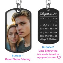 Full Color Uv Coated Photo Printing + Laser Engraved Personalized Custom Calendar Date Memorial Stainless Steel Dog Tag Keychain