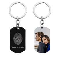 Full Color Photo Printing + Oval Fingerprint Laser Engraved Personalized Message Stainless Steel Custom Dog Tag Key Chain - Black