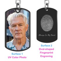 Full Color Photo Printing + Oval Fingerprint Laser Engraved Personalized Message Stainless Steel Custom Dog Tag Key Chain - Black