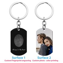 Full Color Photo Printing + Oval Fingerprint Laser Engraved Personalized Message Stainless Steel Custom Dog Tag Key Chain - Black