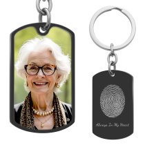 Full Color Photo Printing + Oval Fingerprint Laser Engraved Personalized Message Stainless Steel Custom Dog Tag Key Chain - Black