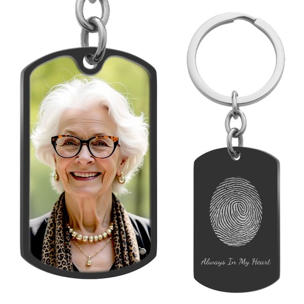 Full Color Photo Printing + Oval Fingerprint Laser Engraved Personalized Message Stainless Steel Custom Dog Tag Key Chain - Black