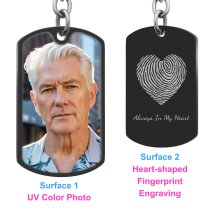 Full Color Photo Printing + Heart Fingerprint Laser Engraved Personalized Message Stainless Steel Custom Dog Tag Key Chain - Black