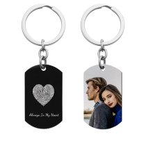 Full Color Photo Printing + Heart Fingerprint Laser Engraved Personalized Message Stainless Steel Custom Dog Tag Key Chain - Black
