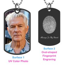 Full Color Photo Printing + Oval Fingerprint Laser Engraved Personalized Message Stainless Steel Dog Tag w/ Dot Ball Chain Necklace 24" - Handmade