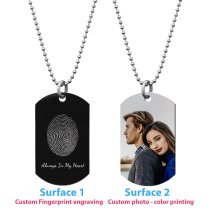Full Color Photo Printing + Oval Fingerprint Laser Engraved Personalized Message Stainless Steel Dog Tag w/ Dot Ball Chain Necklace 24" - Handmade