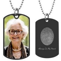 Full Color Photo Printing + Oval Fingerprint Laser Engraved Personalized Message Stainless Steel Dog Tag w/ Dot Ball Chain Necklace 24″ - Handmade
