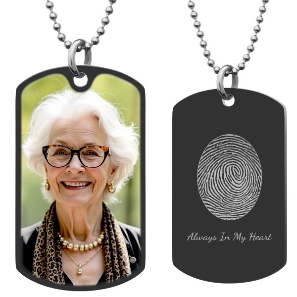Full Color Photo Printing + Oval Fingerprint Laser Engraved Personalized Message Stainless Steel Dog Tag w/ Dot Ball Chain Necklace 24" - Handmade