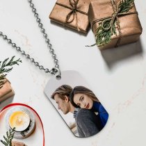 Full Color Photo Printing + Oval Fingerprint Laser Engraved Personalized Message Stainless Steel Dog Tag w/ Dot Ball Chain Necklace 24" - Handmade