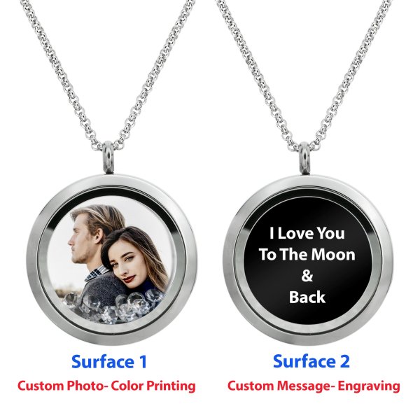 Full Color Photo Printing + Laser Engraved Personalized Message Floating Locket Clear Crystals Pendant Necklace
