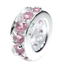 STERLING SILVER Round Rondelle Pink CZ Crystal bead Charm October Birthstone Pandora Troll Biagi Chamilia