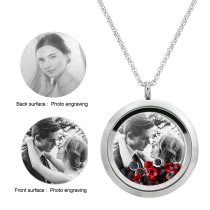 Stainless Steel Personalize Dual Side Photo Engraving Round Floating Red Crystal Locket Necklace Pendant, 30mm