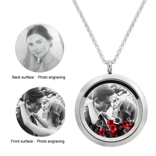 Stainless Steel Personalize Dual Side Photo Engraving Round Floating Red Crystal Locket Necklace Pendant, 30mm