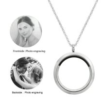 Stainless Steel Personalize Dual Side Photo Engraving Round Floating Red Crystal Locket Necklace Pendant, 30mm