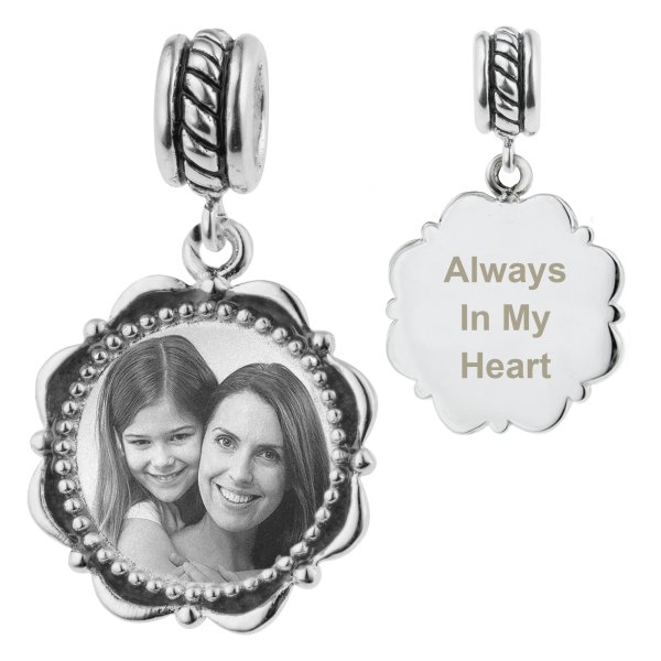Sterling Silver Custom Engraved Personalized Dangle Photo Message Flower Frame Bead for European Charm Bracelets