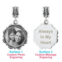 Sterling Silver Custom Engraved Personalized Dangle Photo Message Flower Frame Bead for European Charm Bracelets