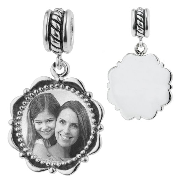 Sterling Silver Custom Engraved Personalized Dangle Photo Flower Frame Bead for European Charm Bracelets