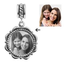 Sterling Silver Custom Engraved Personalized Dangle Photo Flower Frame Bead for European Charm Bracelets