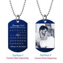 Custom Engraved Personalized Calendar Date & Photo Stainless Steel Dog Tag Pendant with Ball Chain Necklace 24 in