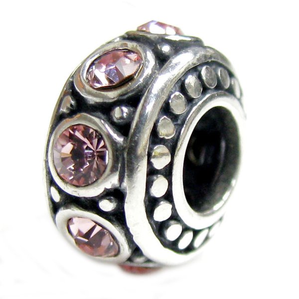 Sterling Silver Rondelle Pink Rose CZ October Birthstone Bead Charm for Pandora Troll Chamilia Biagi European Jewelry
