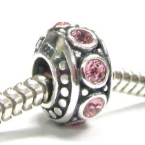 Sterling Silver Rondelle Pink Rose CZ October Birthstone Bead Charm for Pandora Troll Chamilia Biagi European Jewelry