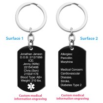 Personalized Medical Alert Emergency Med Id Identification Engraved Stainless Steel Custom Dog Tag Military Pendant Key Chain - Black