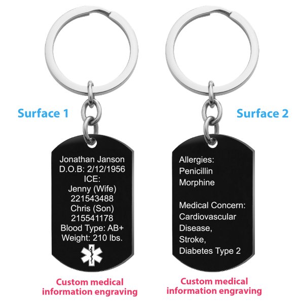 Personalized Medical Alert Emergency Med Id Identification Engraved Stainless Steel Custom Dog Tag Military Pendant Key Chain - Black