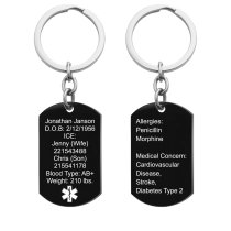 Personalized Medical Alert Emergency Med Id Identification Engraved Stainless Steel Custom Dog Tag Military Pendant Key Chain - Black