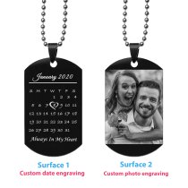 Custom Engraved Personalized Calendar Date Memorial Text Stainless Steel Dog Tag Pendant with Ball Chain Necklace 24 in