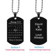 Custom Engraved Personalized Calendar Date Memorial Text Stainless Steel Dog Tag Pendant with Ball Chain Necklace 24 in