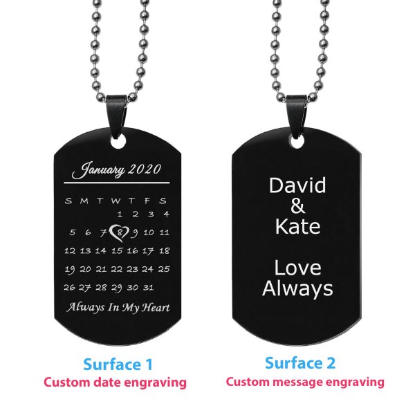 Custom Engraved Personalized Calendar Date Memorial Text Stainless Steel Dog Tag Pendant with Ball Chain Necklace 24 in