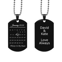 Custom Engraved Personalized Calendar Date Memorial Text Stainless Steel Dog Tag Pendant with Ball Chain Necklace 24 in