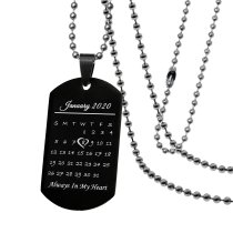 Custom Engraved Personalized Calendar Date Memorial Text Stainless Steel Dog Tag Pendant with Ball Chain Necklace 24 in