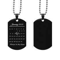 Custom Engraved Personalized Calendar Date Memorial Text Stainless Steel Dog Tag Pendant with Ball Chain Necklace 24 in
