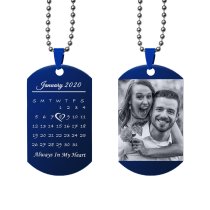 Custom Engraved Personalized Calendar Date Memorial Text Blue Stainless Steel Dog Tag Pendant with Ball Chain Necklace 24 in- Blue