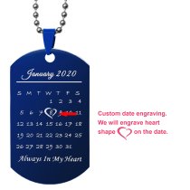 Custom Engraved Personalized Calendar Date Memorial Text Blue Stainless Steel Dog Tag Pendant with Ball Chain Necklace 24 in- Blue