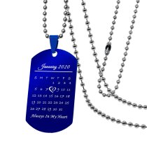 Custom Engraved Personalized Calendar Date Memorial Text Blue Stainless Steel Dog Tag Pendant with Ball Chain Necklace 24 in- Blue