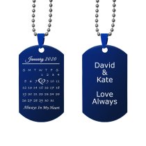 Custom Engraved Personalized Calendar Date Memorial Text Blue Stainless Steel Dog Tag Pendant with Ball Chain Necklace 24 in - Blue
