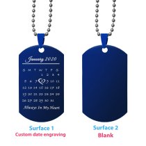 Custom Engraved Personalized Calendar Date Memorial Text Blue Stainless Steel Dog Tag Pendant with Ball Chain Necklace 24 in - Blue
